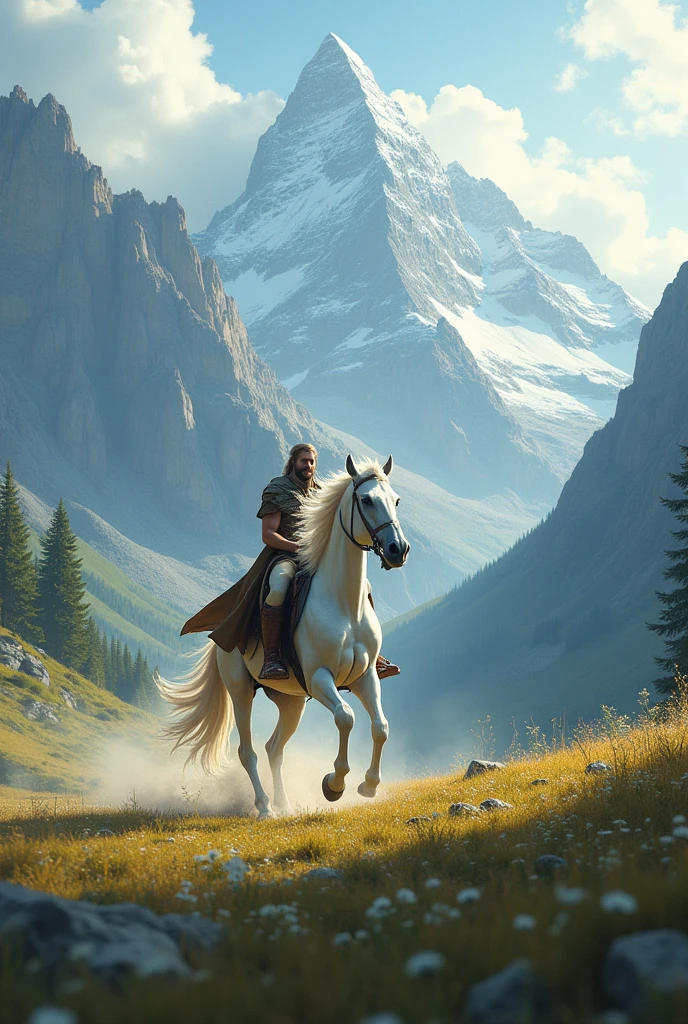 Riding a white horse in the mountains 

