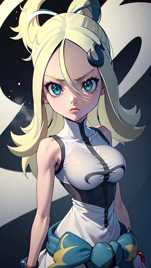 hair blonde, mulher hair blonde longo bagunçado, white undershirt, Awesome anime face portrait, looking staring at nothing, Female One, tasteless and inexpressive, thin dark blue eyes, tall and detailed, blue eyes , gray gray background, high detailed shadow