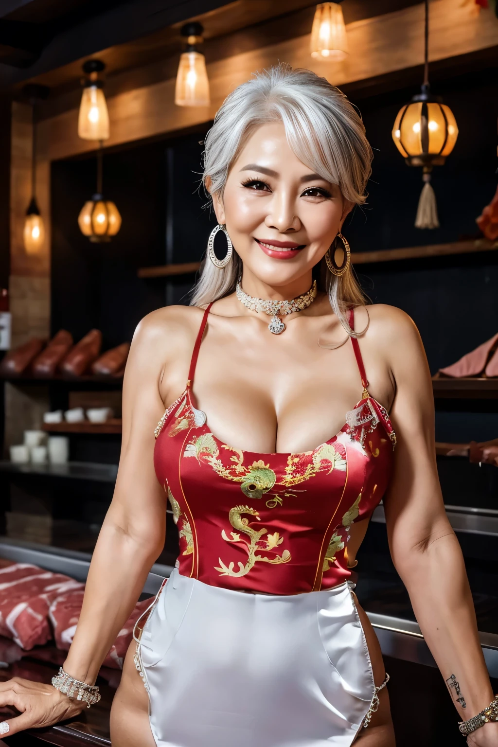 75 years old mom milf Chinese Lady large earring Big choker navel piercing decoration A bracelet Silver Hair realisitic Gorgeous Madame Beautiful Mature Woman sexly Smile Gentle woman navel piercing 4K High quality gorgeous madam beautiful mature woman
