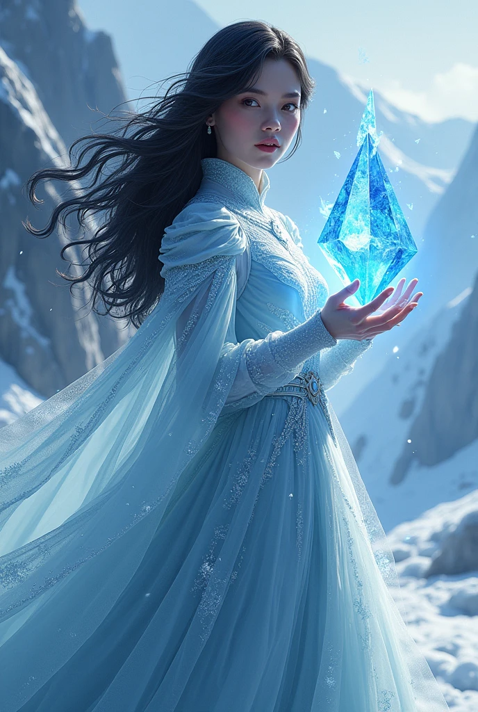 Beautiful woman with black hair, she has an glacier colored battle dress, she is in a background of glaciers and she has a diamond shaped magical ice in her hands