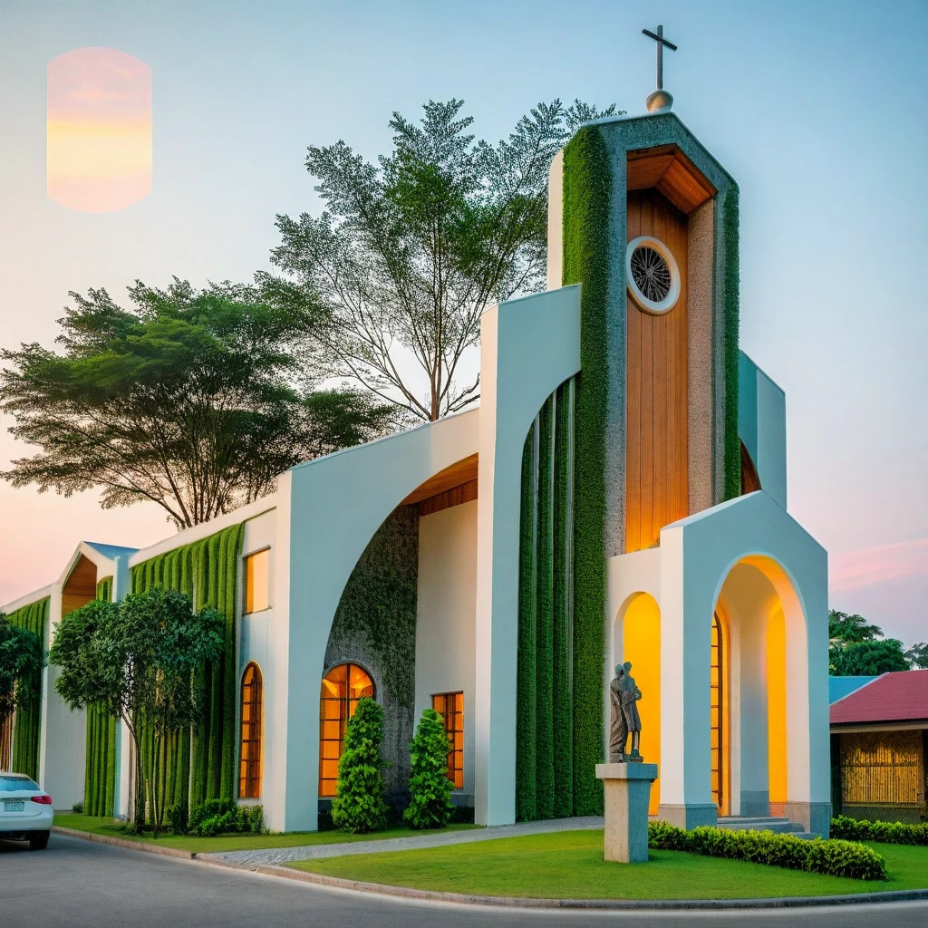 CHURCH BUILDING, (plenty of high trees in front of building and surrounding:1.1), greenery landscape with multi of tropical tree, clear sky, sunset time, warm lighting RAW Photo, RAW texture, Super Realistic, 32K UHD, DSLR, soft lighting, high quality, film rating, Fujifilm XT3