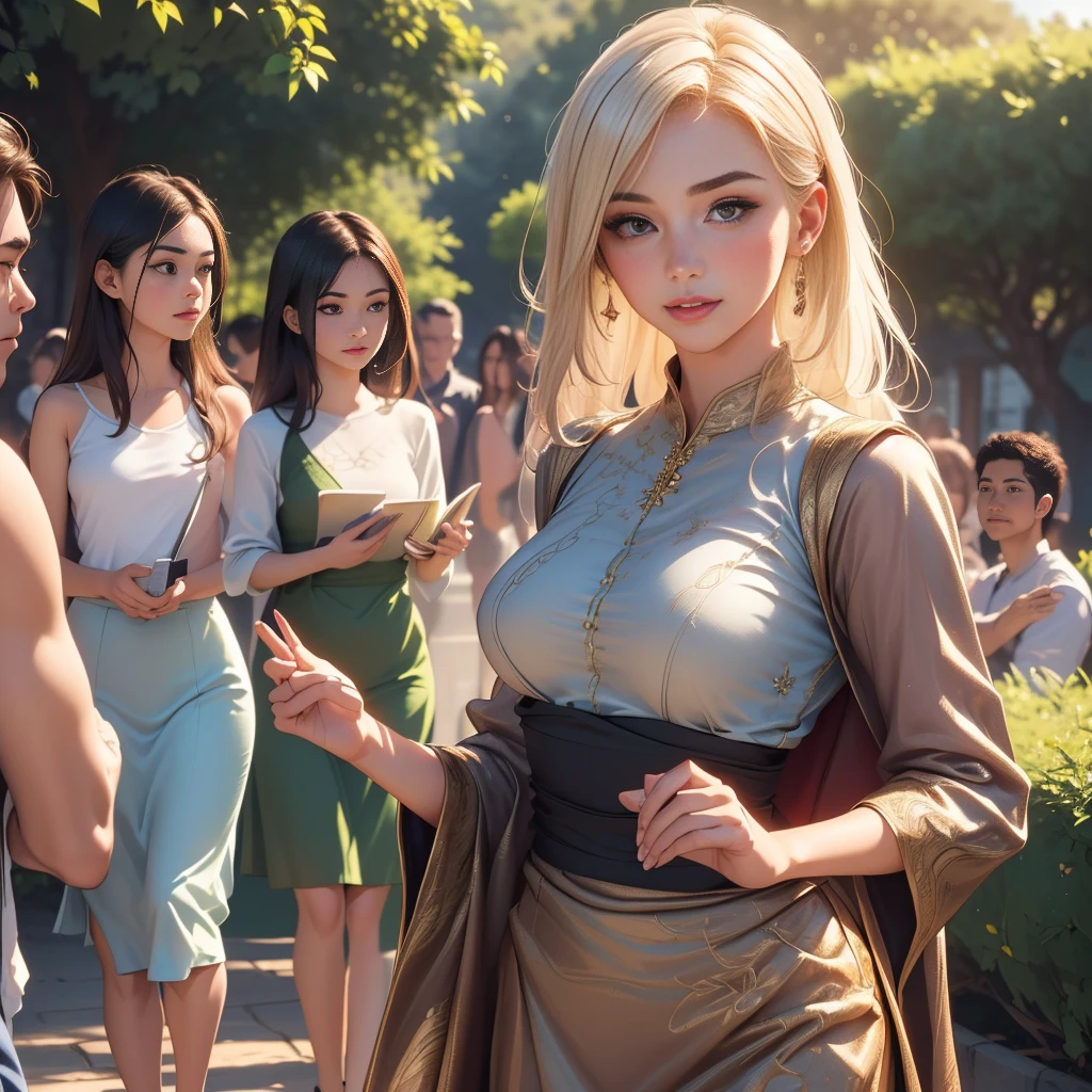 (Extremely detailed 8k wallpaper:2), (photo:2), (soigne Beautiful girl:2), (gives a lecture to friends:2), detailed (Face and eyes), (hyper realistic:1), (highly detailed:1), (epic realistic:1), rim light, (maximum details:1), cozy, (fullbody:1.3), (looking at viewer:2), (Woman's Attractive Qualities:2), (Attractive Woman:2), (Attractive:2), Smile, Intelligence, Empathy, Gracefulness, Sense of Style, Fitness, Grooming, Optimism, (Sensitivity:2), Sincerity, Romantic Gestures, Playfulness, Fashion Sense, (Sensuality:2), Charm, Modesty, Thoughtfulness, (Femininity:1), Flirtatiousness, Warmth, (Physical attractiveness:2), A beautiful smile, A love of life, strength and power, vulnerability, curiosity, wonder, love, (nature background:2), kawaii, waifu, Beautiful breasts, (attractive body:2), (Beautiful body:2), Beautiful pose, attractive pose, (Beautiful legs:1.0), (spread legs:1.0), (Beautiful clothes:1), (classic clothes:2), (elegant clothes:2), (European clothes:2), detailed clothes, (skirt:1), (blouse:1), (provocative pose)