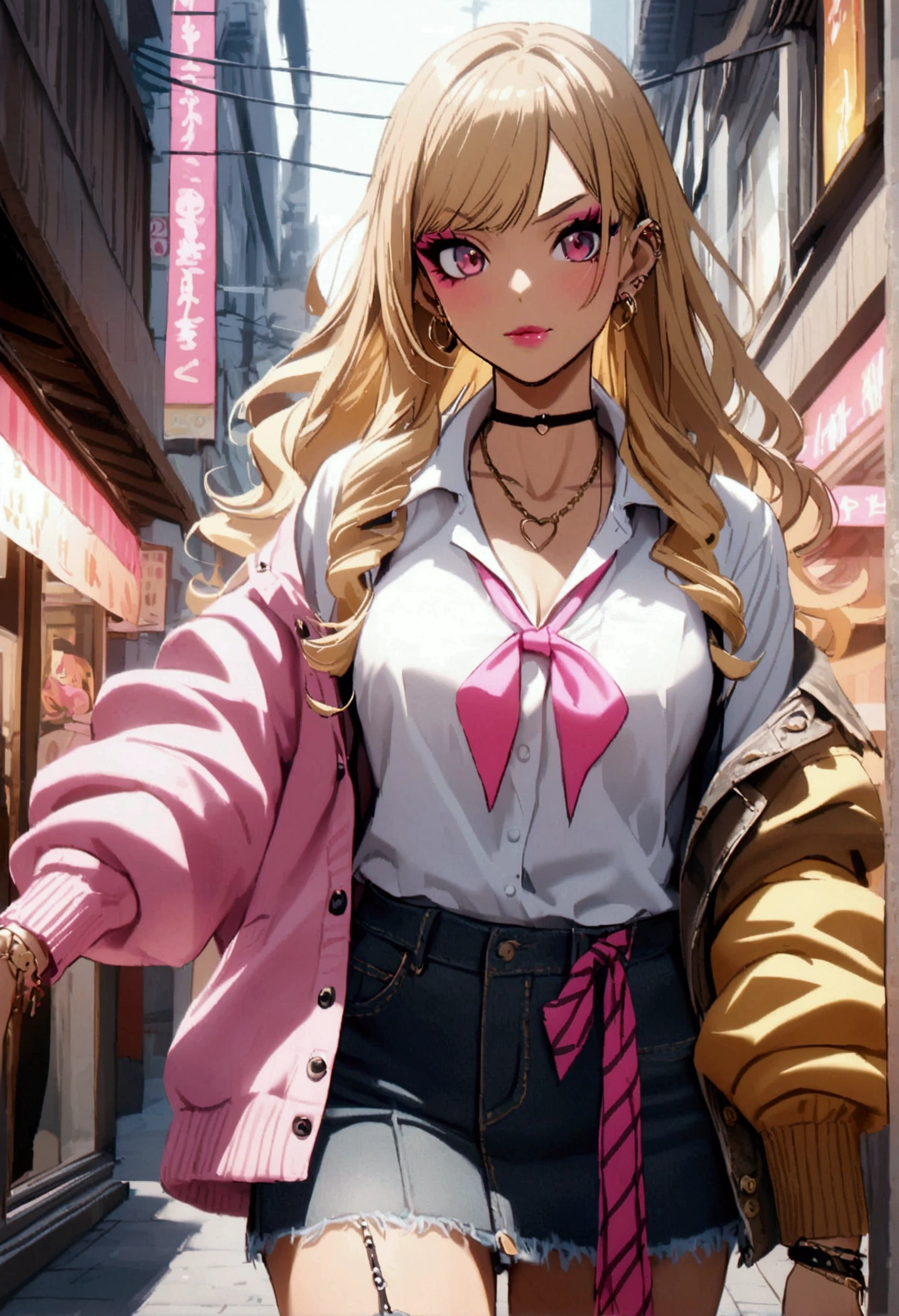 brown haired girl, with blonde and pink highlights with gyaru makeup and gyaru clothes