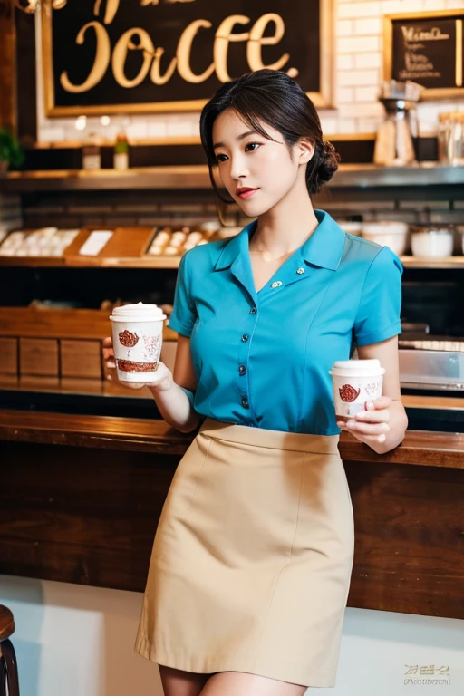 A beautiful girl is having a coffee in a vintage coffee shop, a gorgeous girl, a Korean supermodel, a Chinese supermodel, professional light, wearing an office dress, white shirt, blue skirt, A high resolution, perfect anatomy, one girl only, single girl, 1girl, solo, (advanced facial details), A high resolution, beautiful, masterpiece, best quality, photorealistic, photorealistic perfect body v.1.2