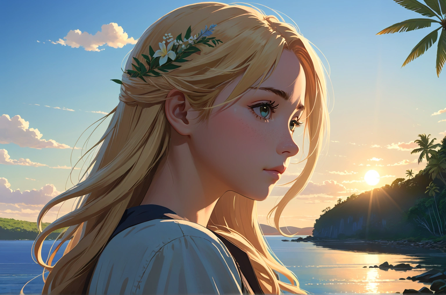 Uses Makoto Shinkai&#39;s depiction perfectly,Portrait of Halie Loren,8k 4k masterpiece photo ,New Caledonia,Close-up of profile,Beautiful in profile,Semi-long hair,Golden Hair,Look in a different direction,Nestled on the lakeside,Quiet morning