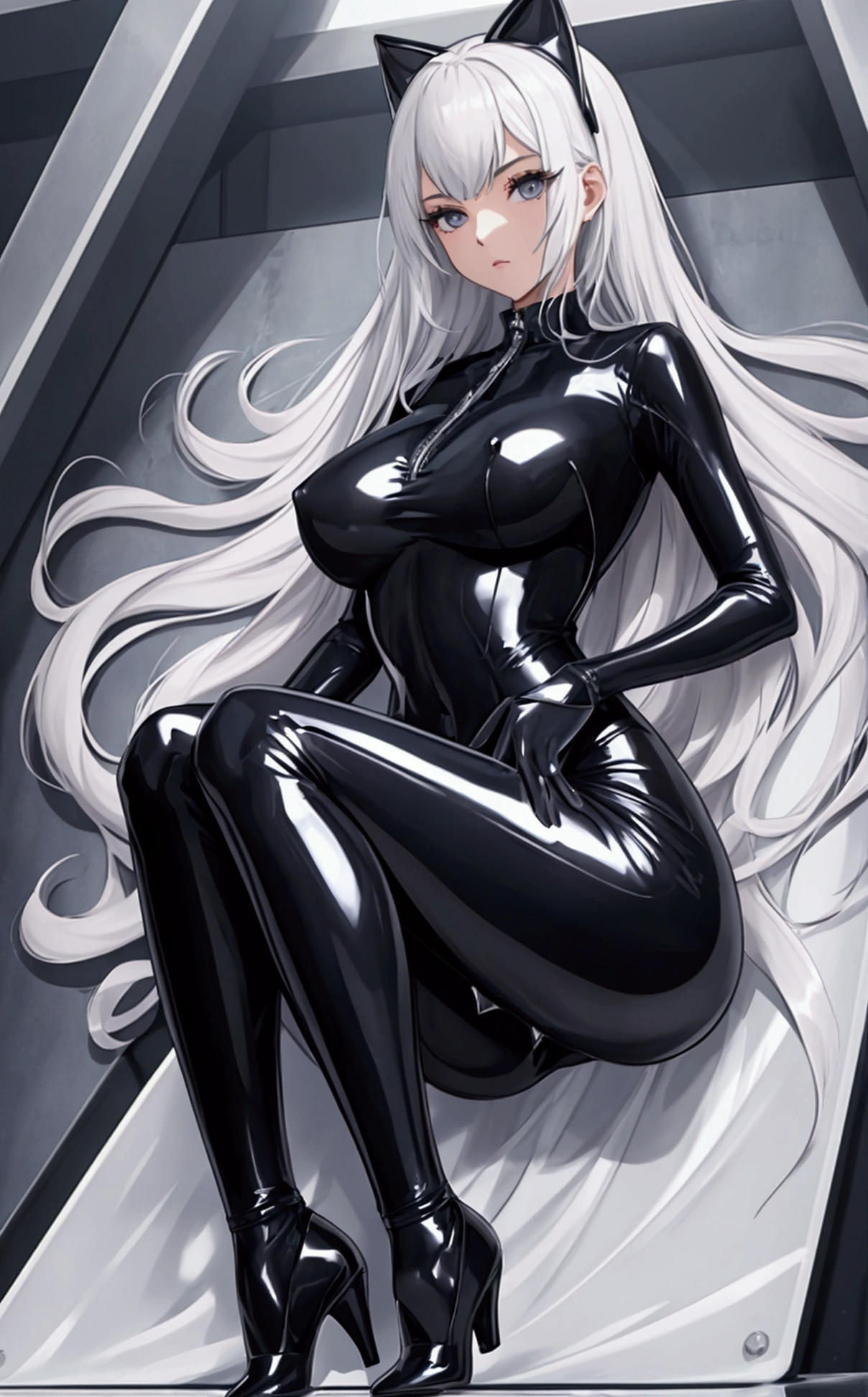 "A beautiful young woman." "Wearing a shiny, full-body latex-like suit." "The suit covers her from neck to toe." "A zipper on the back makes it impossible to remove on her own." "The suit forces her into a strict attention position." "Tight membranes along her sides slightly pull her arms inward." "She is wearing a long, tight, glossy skirt." "The skirt binds her legs tightly together." "Her shoes are high-heeled loafers." "The shoes have rounded, slippery soles." "The shoes force her into a tiptoe stance." "Her hands are encased in smooth rubber ." "The rubber ballsletely cover her wrists and fingers." "The restraints are highly restrictive." "The materials have shiny, reflective surfaces." "The background is minimalistic to focus on her restraints."Full body restraint、The legs are not separated