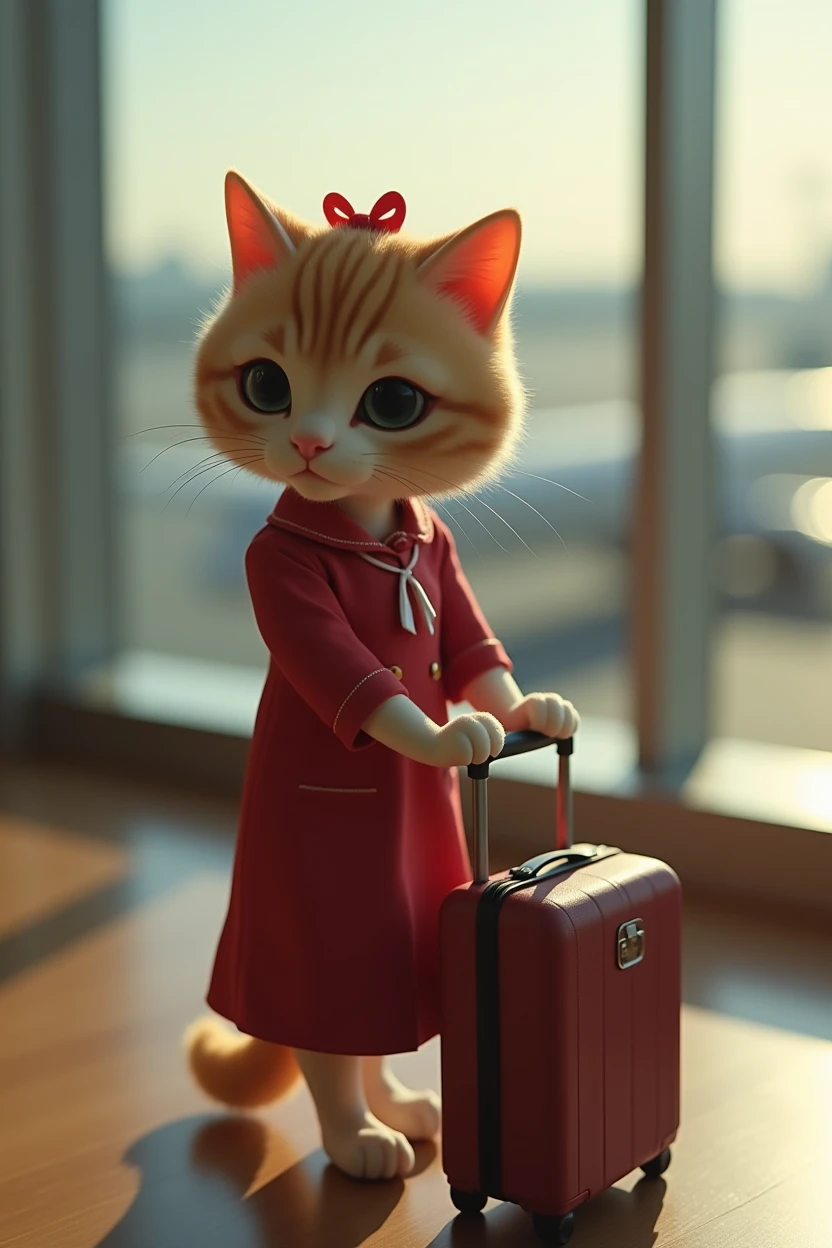 35mm lens，Multiple angles，Beautiful Cat，cute，sexly，Personification，Back，Side，silhouette，Overhead shot，Cat，Standing，Doll，Airline stewardess，Trolley case，，AIRPORT，Airline stewardess， cloak,Ruan Jia,，Work clothes，tie, (Delicate face), (Fine fluffy fur)，（35mm Cinema Lens），（Multi-angle shooting），（many viewing angles）