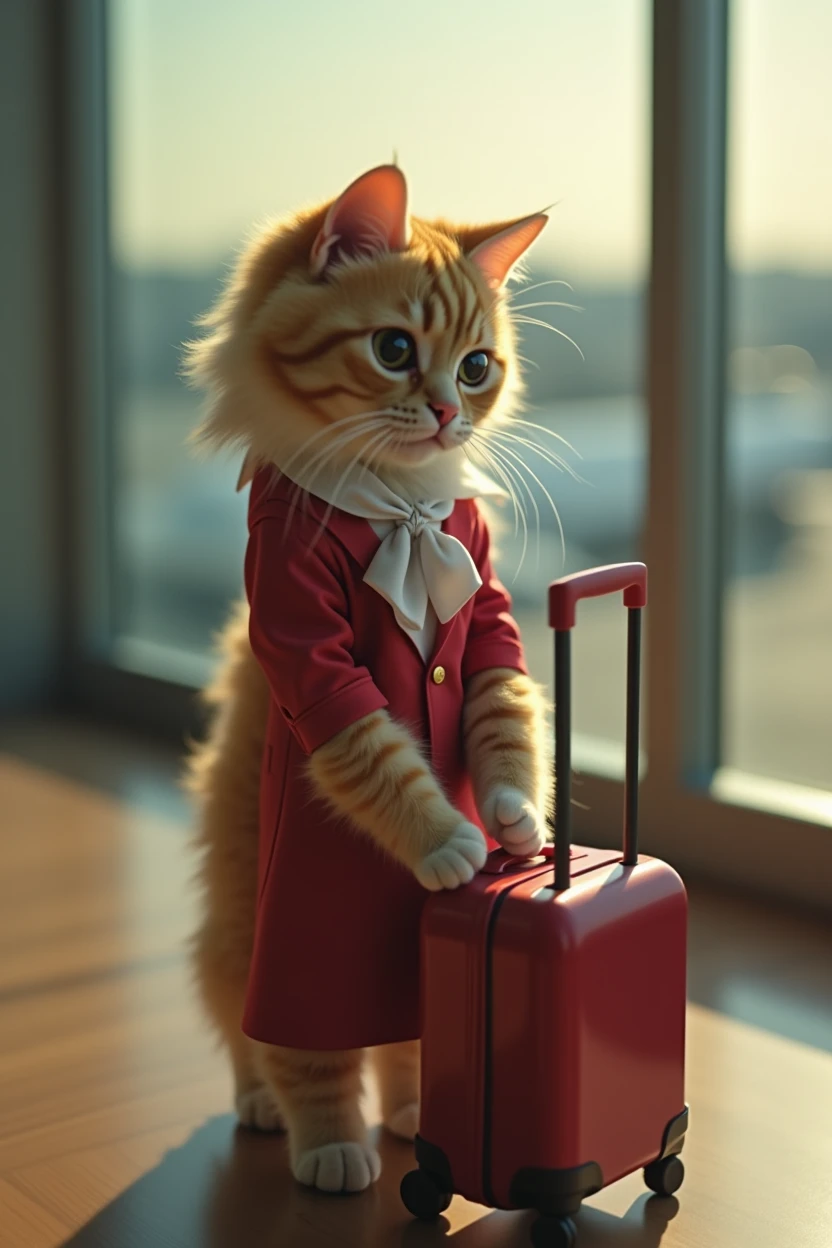 35mm lens，Multiple angles，Beautiful Cat，cute，sexly，Personification，Back，Side，silhouette，Overhead shot，Cat，Standing，Doll，Airline stewardess，Trolley case，，AIRPORT，Airline stewardess， cloak,Ruan Jia,，Work clothes，tie, (Delicate face), (Fine fluffy fur)，（35mm Cinema Lens），（Multi-angle shooting），（many viewing angles）