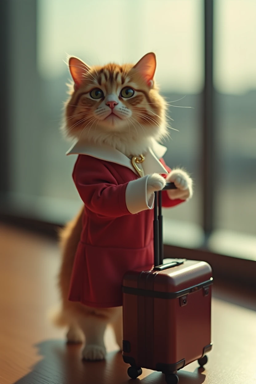 35mm lens,Multiple angles,Beautiful Cat,cute,sexly,Personification,Back,Side,silhouette,Overhead shot,Cat,Standing,Doll,Airline stewardess,Trolley case,,AIRPORT,Airline stewardess, cloak,Ruan Jia,,Work clothes,tie, (Delicate face), (Fine fluffy fur),(35mm Cinema Lens),(Multi-angle shooting),(many viewing angles)