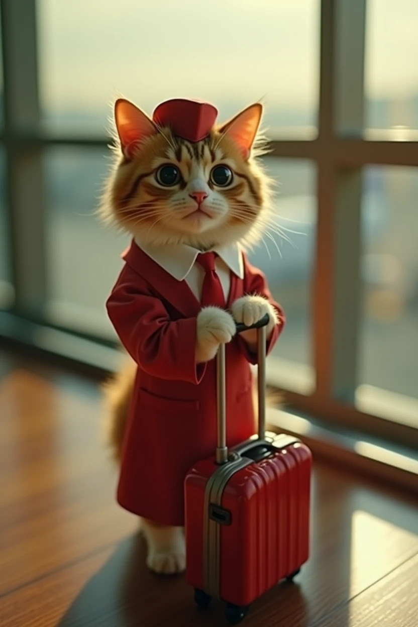 35mm lens，Multiple angles，Beautiful Cat，cute，sexly，Personification，Back，Side，silhouette，Overhead shot，Cat，Standing，Doll，Airline stewardess，Trolley case，，AIRPORT，Airline stewardess， cloak,Ruan Jia,，Work clothes，tie, (Delicate face), (Fine fluffy fur)，（35mm Cinema Lens），（Multi-angle shooting），（many viewing angles）