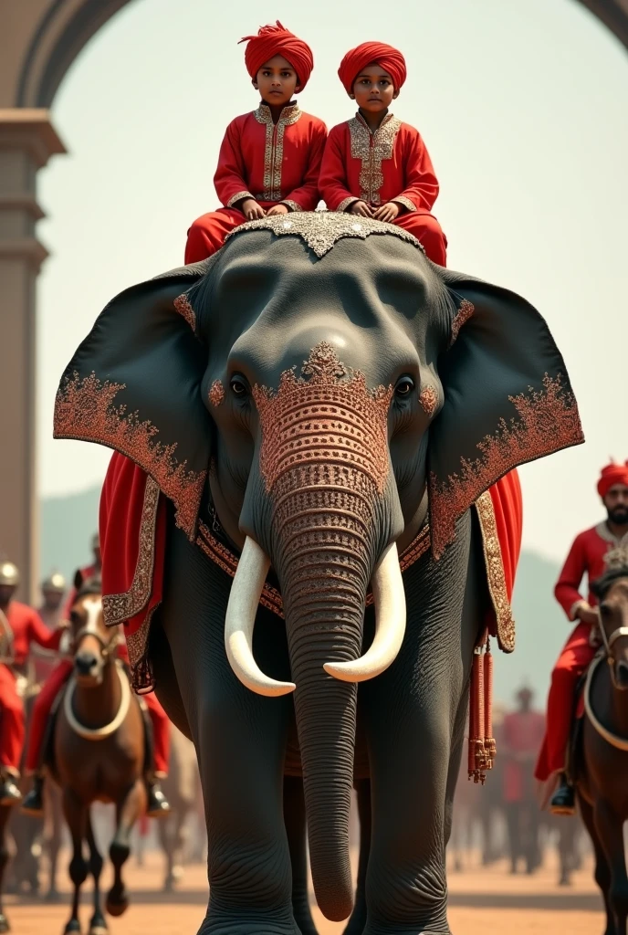 Two young male children of Tipu Sultan aged 7 and 10 wearing red cotton turbans and gown of the 18th century Indian costumes sitting on back of a gigantic elephant in a decorated silver Hooda. A old mahooth sitting on the head of the elephant is controlling and coming out of the gates of Srirangapatna. Tipu Sultan's cavalry and camel mounted soldiers are following them as part of the procession. The whole seen is in UHD resolution from the ground level shot in Very high resolution