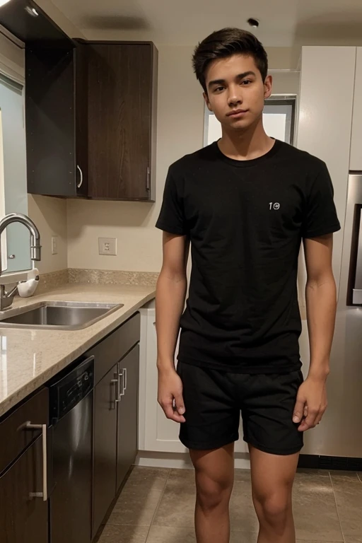 boy,((18 years old)), tan skin, black tshirt, short pants, skinny, full body, kitchen