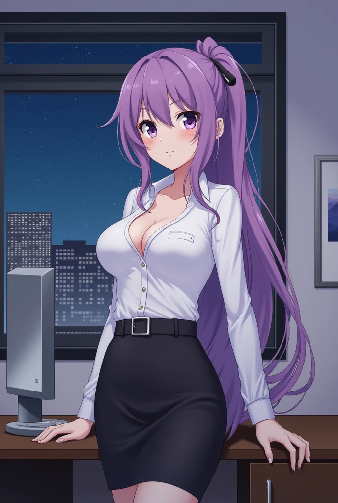 Prompt (masterpiece), high quality, (detailed background:1.3), 1girl, solo,ChopioSungJinah, long hair, ponytail, (looking at viewer:1.3),anime_style, purple hair, purple eyes, cleavage, office, monitor, keyboard \(computer\), desk, standing, leaning against desk, window, (cityscape, starry sky:1.2), (night:1.3), (black skirt:1.2), removed pencil skirt on desk, (white shirt:1.2), shirt tucked out, buttons, seductive smile, belt, completely open unbuttoned shirt, visible tits nipples, ahegao face, shirt tucked out from skirt, no skirt, visible vagina