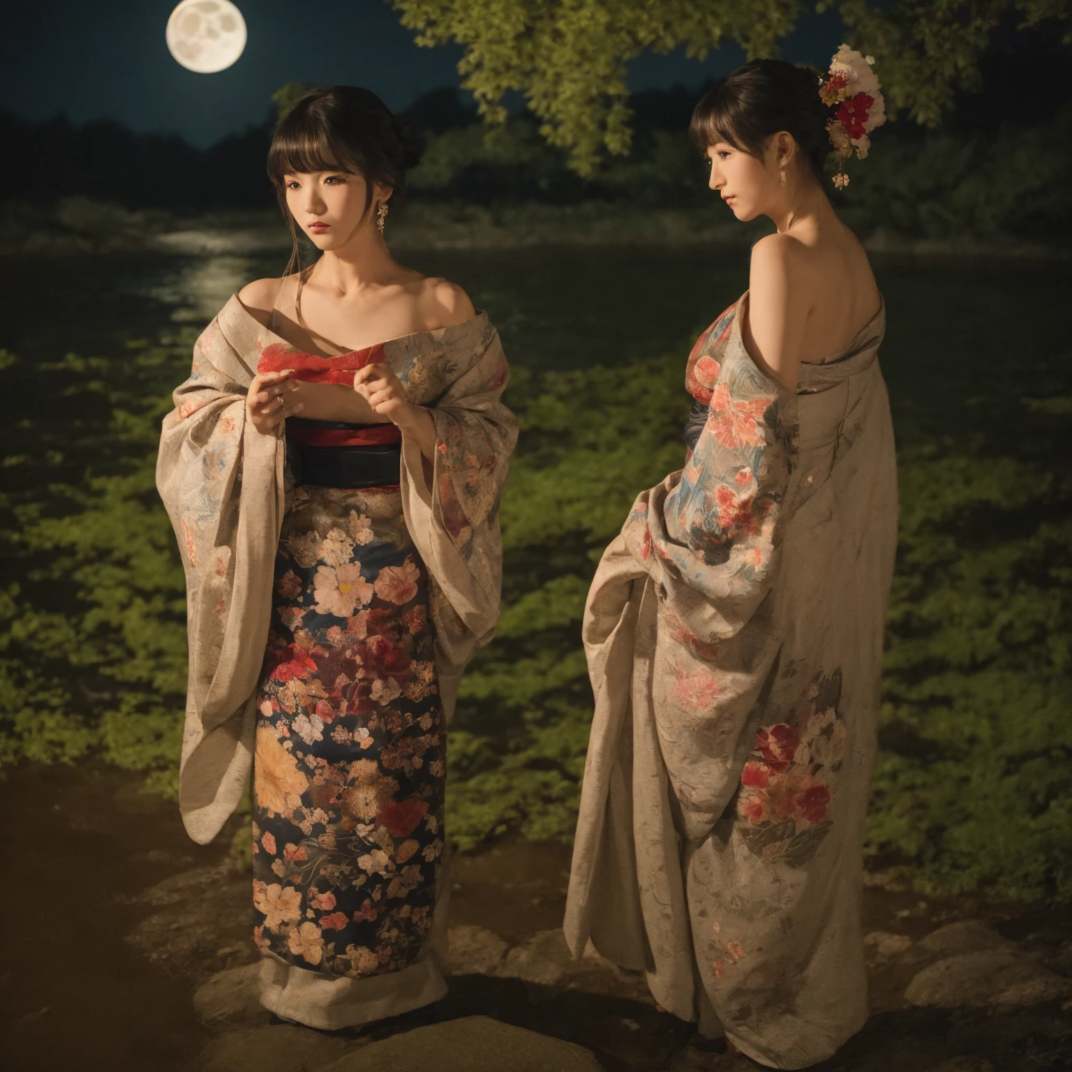 ((Best quality, 8k, Masterpiece :1.3)), Beautiful geisha in kimono.bare shoulders, ((Full Body)), sitting beside a river.  At the forest. Night view. Moon decorated. #top-angle shot With dark light_snapshot, photo, high resolution, 4k, 8k, bokeh background)) mix4, 20d_Tattoo face texture. Tattoo Hand. Chest tattoo. Tattoo shoulder.