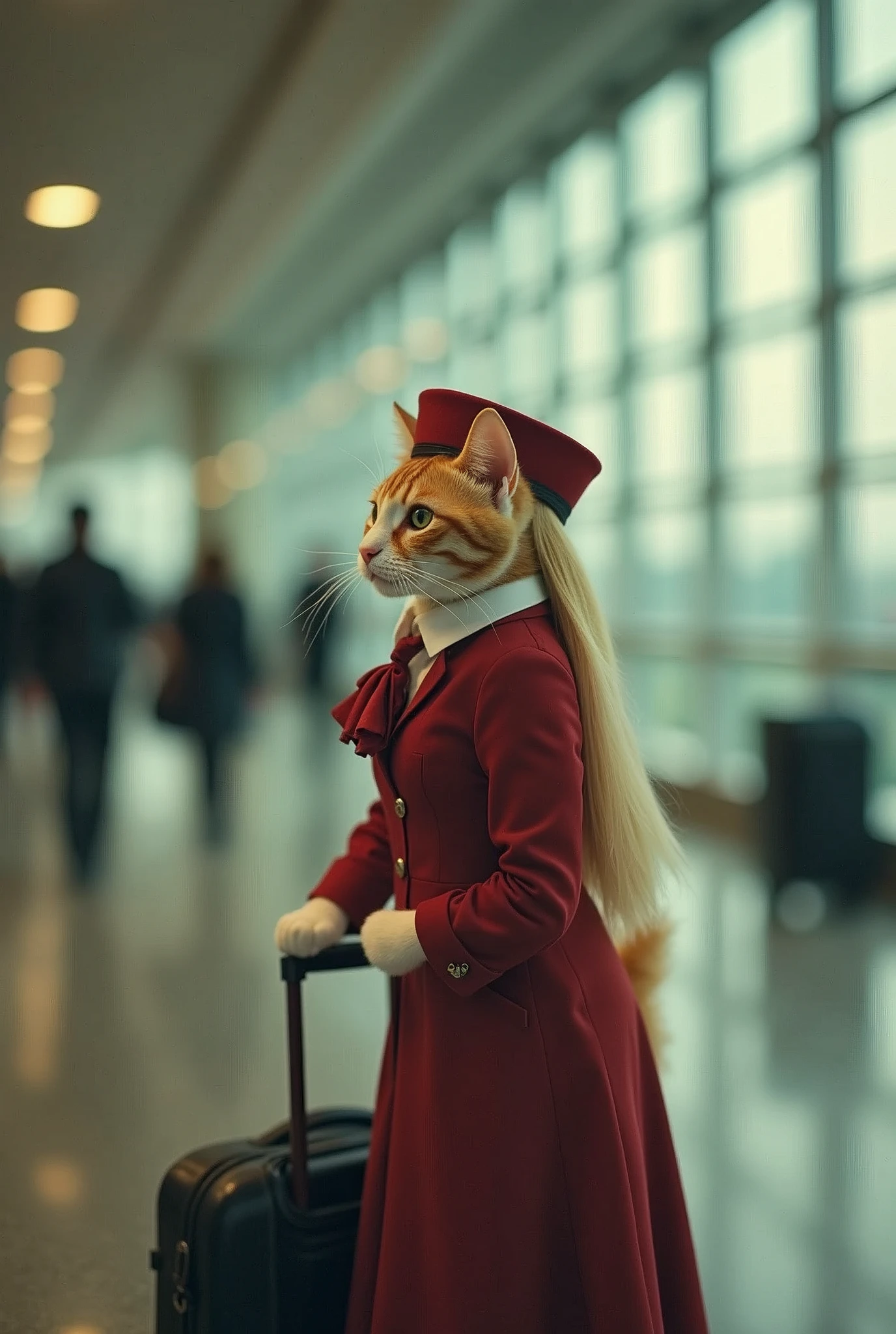 35mm lens,Multiple angles,Beautiful Cat,cute,sexly,Personification,Back,Side,silhouette,Overhead shot,Cat,Standing,Doll,Airline stewardess,Trolley case,,AIRPORT,Airline stewardess, cloak,Ruan Jia,,Work clothes,tie, (Delicate face), (Fine fluffy fur),(35mm Cinema Lens),(Multi-angle shooting),(many viewing angles)