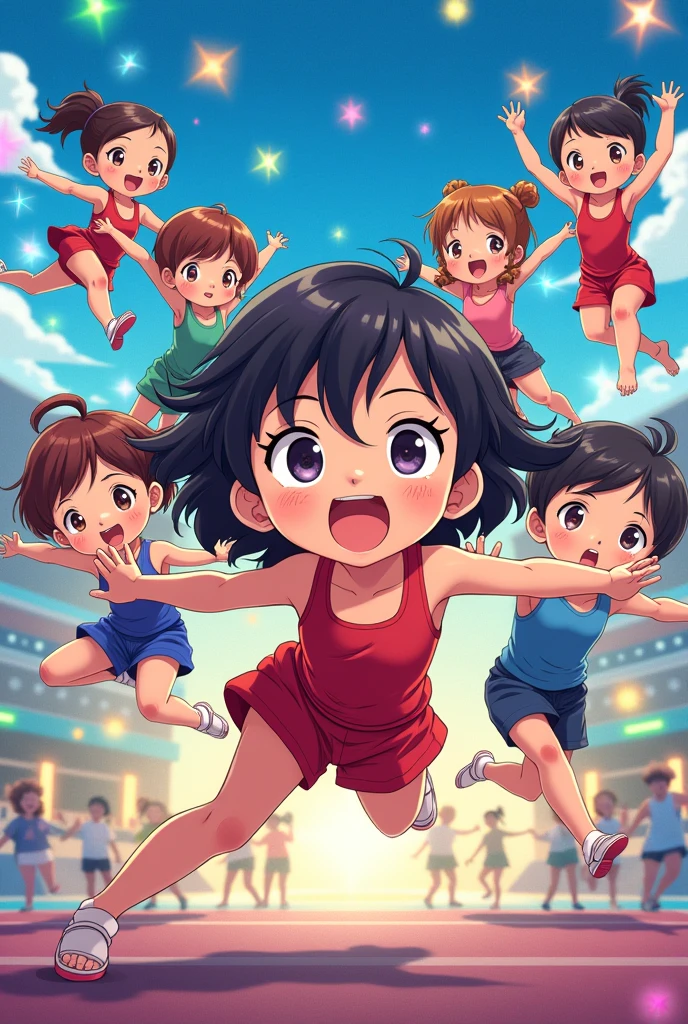 A Japanese anime style advertisement of multiracial boys and girls aged 6 to 13 doing Aerobic Gymnastics 