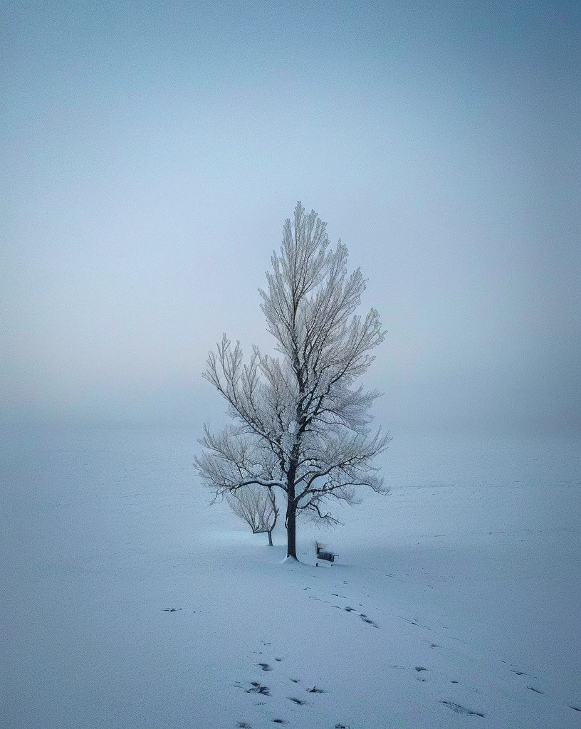 there is a la tree in the middle of a snow covered field, solitary独的树, The single tree, In the snowstorm, Trees in the background, solitary立, a tree, with a Trees in the background, landscape, Pale as the first snow of winter, Sharp composition, This photo was taken from a distance, solitary, author:Jaco Matilla