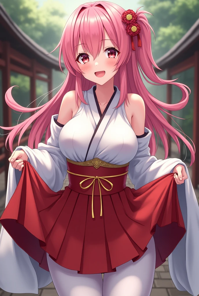 Anime Style Pink Hair Japanese Miko costume Open the chest Show your boobs Big Breasts Red bellows skirt Smile Lift your skirt to show your pants White Pants