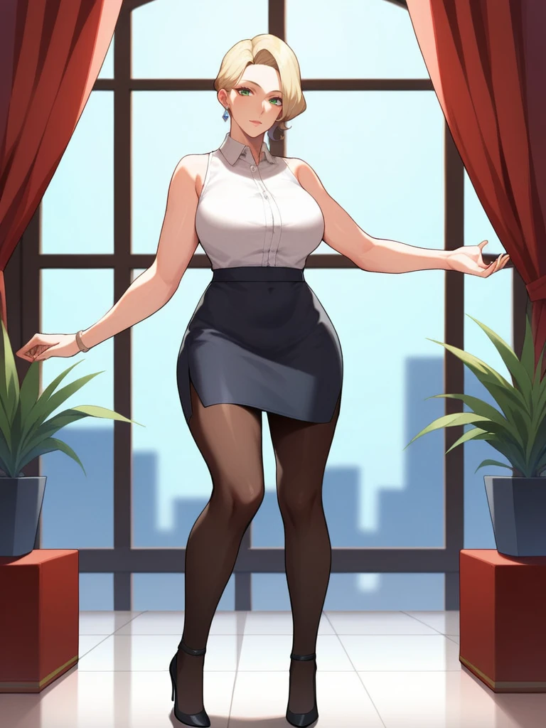 Score_9, score_8_up, score_7_up, source_anime, 1girl, solo, ((dark pixie haircut)), office background, pale, mature female, milf, wearing a sleeveless business suit, wearing a blue pencil skirt, green eyes, blonde hair, crotch, thighs, standing, ((one hand holding a book)), legs spread, ((wearing high heels)), dark leggings