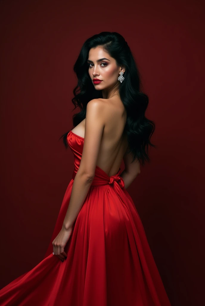 masterpiece, 1girl, solo, tattoo, natural big breast, red eyes, black hair, naked , red dress ,dress ,looking at viewer, back view, earrings, jewelry , stand pose, china dress, red lips, nail polish, bangs, red theme, lips, (disgust:1.3), 150mm lens, photography