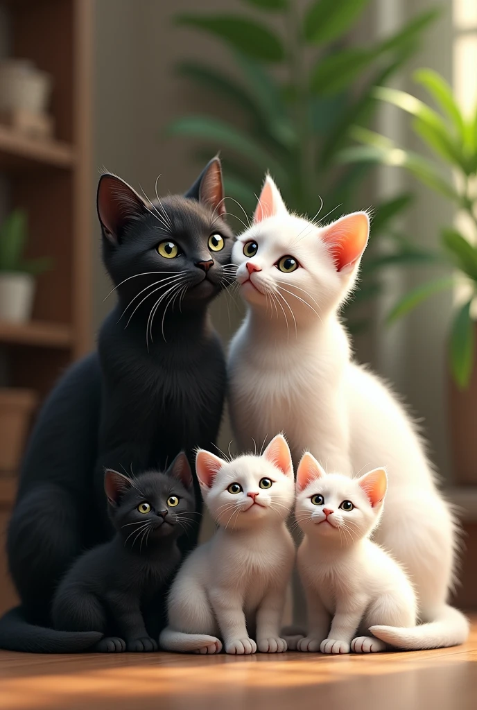 A black and a full white cat with two cute black kittens and two cute white kittens