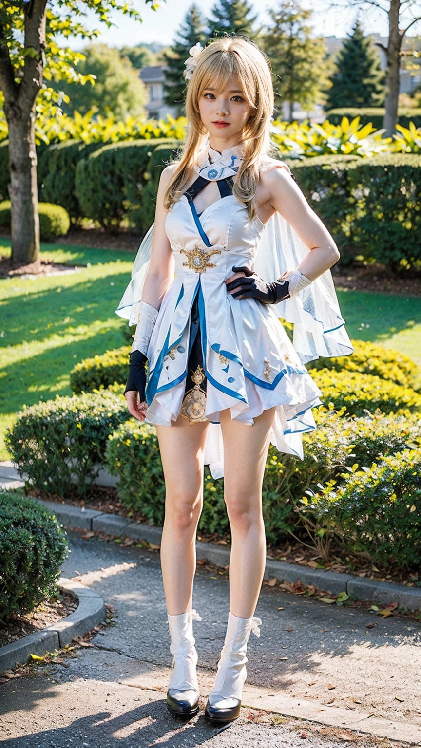 (8k、RAW Photos、Highest quality、masterpiece:1.2)、(Realistic、Realistic)、1 girl、((Blonde、See-through、White and light blue、Frills、Cape、mini skirt、Thin legs、whole body、boots、View from the front、Looking into the camera、Stand with hands on hips))、cute