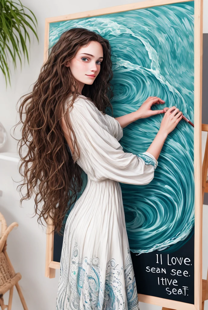 Beautiful girl with wavy long hair, bohemian dress, holding a white board with text "I Love Seaart Infinity" and showing it to the viewer