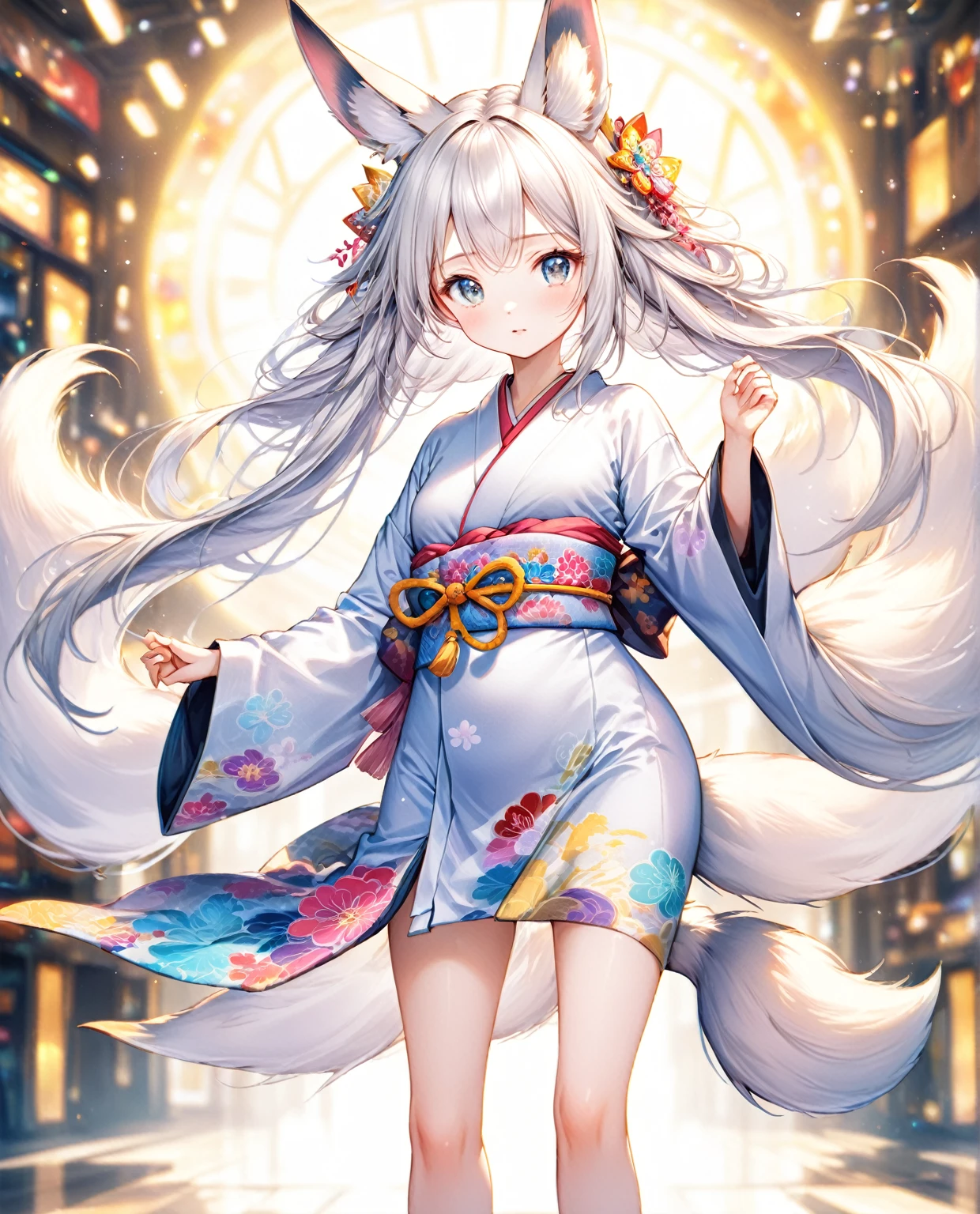 (Highest quality,8k,32K,masterpiece,Ultra-high resolution :1.2 ),born,One girl,Super cute,Natural light,Clear, shining eyes,20-year-old,Fair skin,Electronic world fantasy background,Silver Hair,Long Hair,Fox Ears,Bushy tail,Cute girl with,Wearing a kimono
