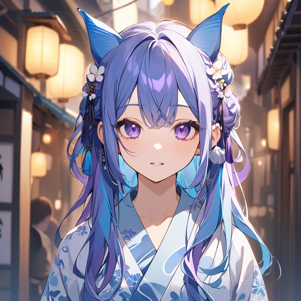 blue hair with purple highlights, purple eyes, wearing a blue-white kimono, fish ears