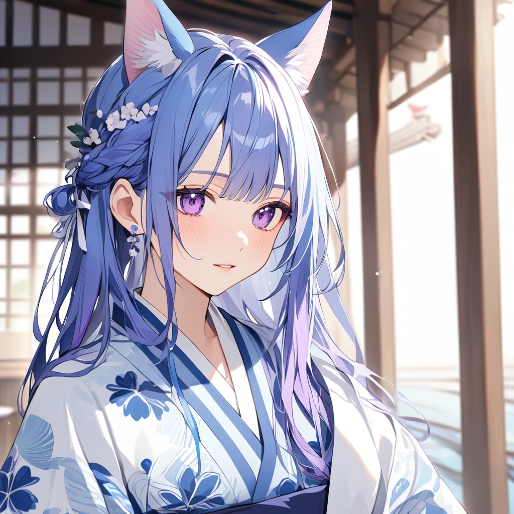 blue hair with purple highlights, purple eyes, wearing a blue-white kimono, fish ears