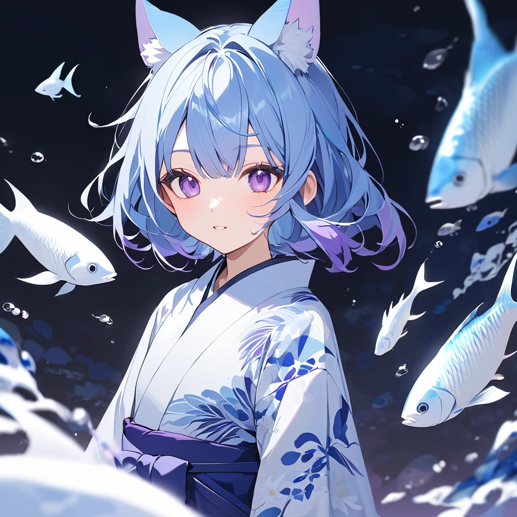 blue hair with purple highlights, purple eyes, wearing a blue-white kimono, fish ears