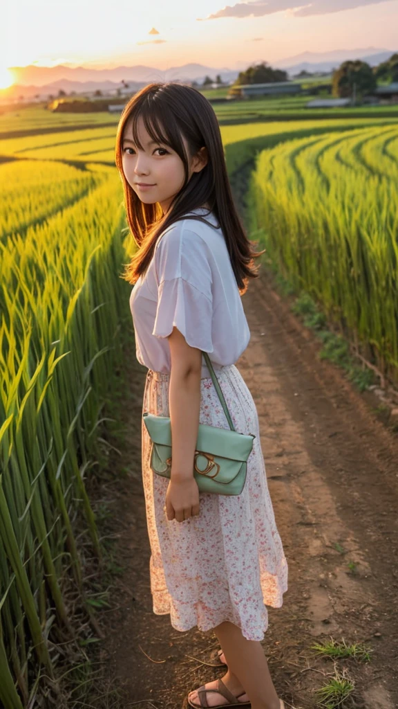 Sunset, rice field footpath, Japanese girl in her 20s