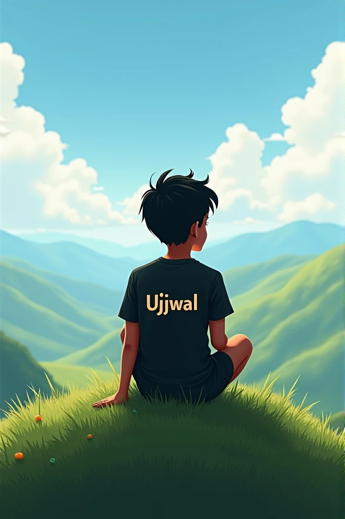 A boy sit on the top of heel a boy wearing a black t-shirt on the printing on t-shirt name is Ujjwal