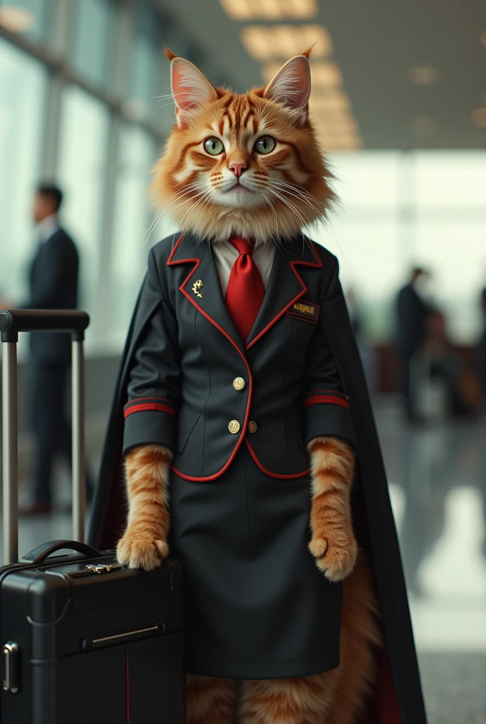 35mm lens，Multiple angles，漂亮的Cat，cute，Sexy，Personification，Back，side，silhouette，Overhead shot，Cat，Standing，doll，Airline stewardess，Trolley case，，AIRPORT，Airline stewardess， cloak,Ruan Jia,，Work clothes，tie, (Delicate face), (Fine fluffy fur)，（35mm Cinema Lens），（Multi-angle shooting），（many viewing angles）