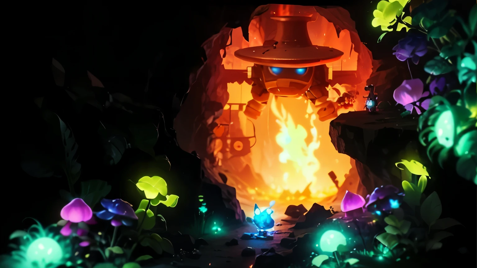 Underground cave, underground mining background, fantasy glowing plant, yellow shiny electric, big robot boss in the backgrkund, some fire burning light in the back of big robot boss, high quality, perfect 4k quality, beautiful scenery, glowing tiny mushrom, glowing tiny fantasy plant, glowing tiny slime character