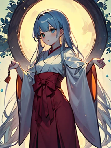 ((Highest quality)), ((masterpiece))、Small breasts are justice、Distant view、Two Priestesses、Dance、guide、(Blue and silver long hair、Blue-green eyes)、(Scarlet long hair、Orange eyes)、Miko costume、Hakama、morning haze、shrine