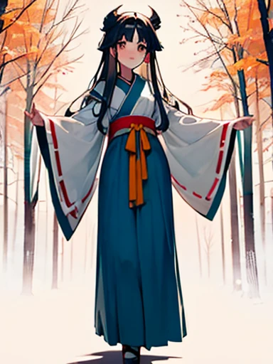 ((Highest quality)), ((masterpiece))、Small breasts are justice、Distant view、Two Priestesses、Dance、guide、(Blue and silver long hair、Blue-green eyes)、(Scarlet long hair、Orange eyes)、Miko costume、Hakama、morning haze、shrine