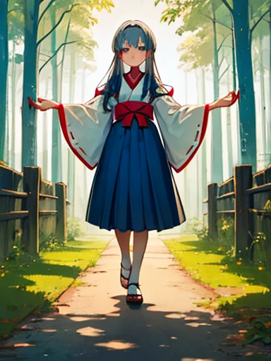 ((Highest quality)), ((masterpiece))、Small breasts are justice、Distant view、Two Priestesses、Dance、guide、(Blue and silver long hair、Blue-green eyes)、(Scarlet long hair、Orange eyes)、Miko costume、Hakama、morning haze、shrine