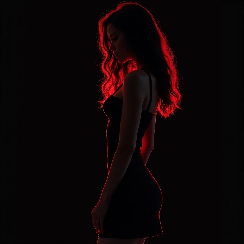 Poster, close-up, Full body, Shadow art, red outline drawing on a dark black background, Red outline silhouette, flowing hair, silhouette of a beautiful young woman, perfect physique, slender graceful forms, charming modesty, perfection in a tight black silk dress, resolution 8k, Side view, Shadows, Mysterious, style of Jean Baptiste Monge, Thomas Kinkade, David Palumbo, Carne Griffiths.