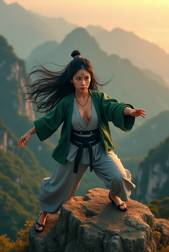Birdseye view. beautiful woman, born Thai-korean as Tsunade Senju with a diamond mark on her forehead from the anime series “Naruto.” 30 years old at amidst Huangshan Mountain at sunset. dynamic martial arts on top cliff. she wears deep v neckline gray kimono that is not tied . (the round a green cardigan is getting bigger, like a balloon about to pop). black long hair. chuckle. black open-toed sandals with high heels. high resolution, realistic, 8k