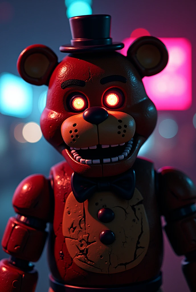 freddy fazbear with a black bowtie and mini hat, naked, animal ears, furry, bear:1.5, broken bear animatronic, full body:1.4, neon lights, nighttime, ((glowing eyes)), wires, broken robot, arm ripped off, scary, creepy, pure evil, possessed, horror, haunted, killer, (realistic:1.2), (masterpiece:1.2), light particles, colorful, (highly detailed:1.2), (gradients), detailed eyes, (detailed background), wide shot, ((solo)), pxint, dark art, best quality, highres, realistic, dramatic lighting, detailed, 8k, film grain, glowing accessories, triangle, cult, gay sex bara cumming hard