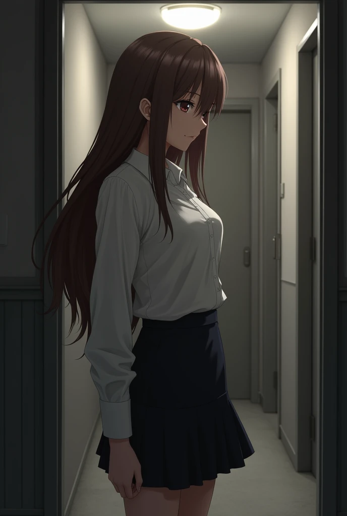 be scaredポーズ、fear映画の怖がるシーン、Close ~ eyes、shout、Face down、(((One woman, 20 years old)))、(((Company entrance hall)))、receptionist、((Brown Hair、Long Hair))、(((fear))),(( be scared、fear))、((((White blouse、Black tight skirt))))、(((Horror))), anime、animecg、Portrait