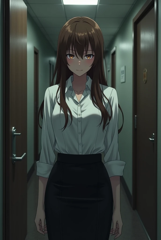 be scaredポーズ、fear映画の怖がるシーン、Close ~ eyes、shout、Face down、(((One woman, 20 years old)))、(((Company entrance hall)))、receptionist、((Brown Hair、Long Hair))、(((fear))),(( be scared、fear))、((((White blouse、Black tight skirt))))、(((Horror))), anime、animecg、Portrait