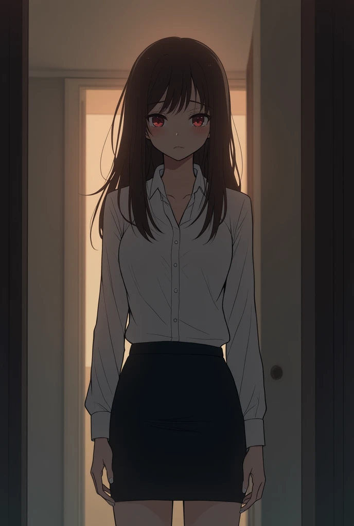 be scaredポーズ、fear映画の怖がるシーン、Close ~ eyes、shout、Face down、(((One woman, 20 years old)))、(((Company entrance hall)))、receptionist、((Brown Hair、Long Hair))、(((fear))),(( be scared、fear))、((((White blouse、Black tight skirt))))、(((Horror))), anime、animecg、Portrait
