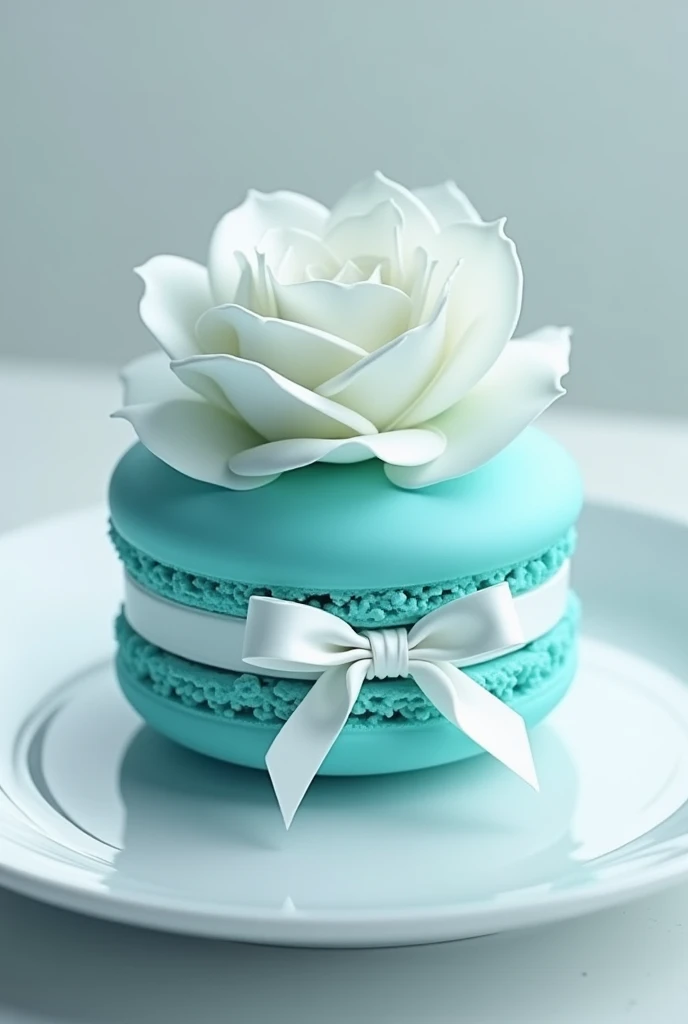 Fascinating, Exquisite details, best quality,masterpiece,Rich details,Symbolizes unlimited creativity and imagination. Surreal work,Inspired by Tiffany's gift box,蒂芙尼蓝色的马卡龙Creativity甜品,Decorated with white cream silk ribbon bow,The interlayer is white cream in the shape of a rose flower,Place on a clean white plate,Full of advanced、Luxury Elegance,Creativity