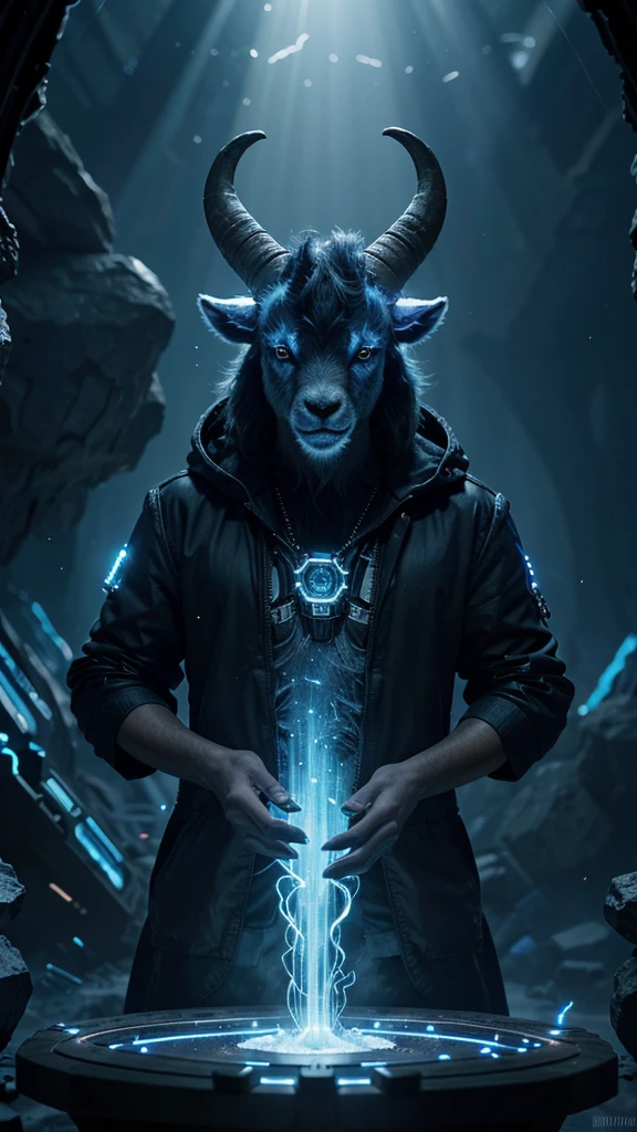 "Create an exceptionally detailed 3D illustration of a blue goat's head, designed as a unique NFT. The goat should be set in a cyber-fantasy world, where advanced technology merges with magic and natural elements. The goat's face must be a vibrant blue, symbolizing wisdom, power, and leadership in this fantastical realm. The horns and other facial features should be crafted to resemble RAM (computer memory) components, with glowing circuits and intricate chips, but also infused with magical elements and glowing crystals. The overall style should blend organic and technological forms, inspired by both nature and advanced technology. The lighting should be dynamic, with cool blue glows emanating from the circuits and magical crystals, creating a mysterious and powerful atmosphere. The image should convey a sense of movement and energy, portraying the goat as a visionary leader in a cyber-magical world."