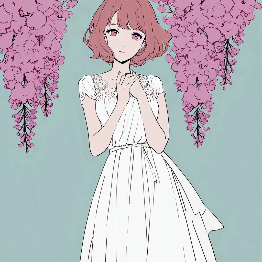 A woman in a white dress, summer, nostalgic, simple and beautiful color scheme, flat color, flowers, chic, crape myrtle flower 