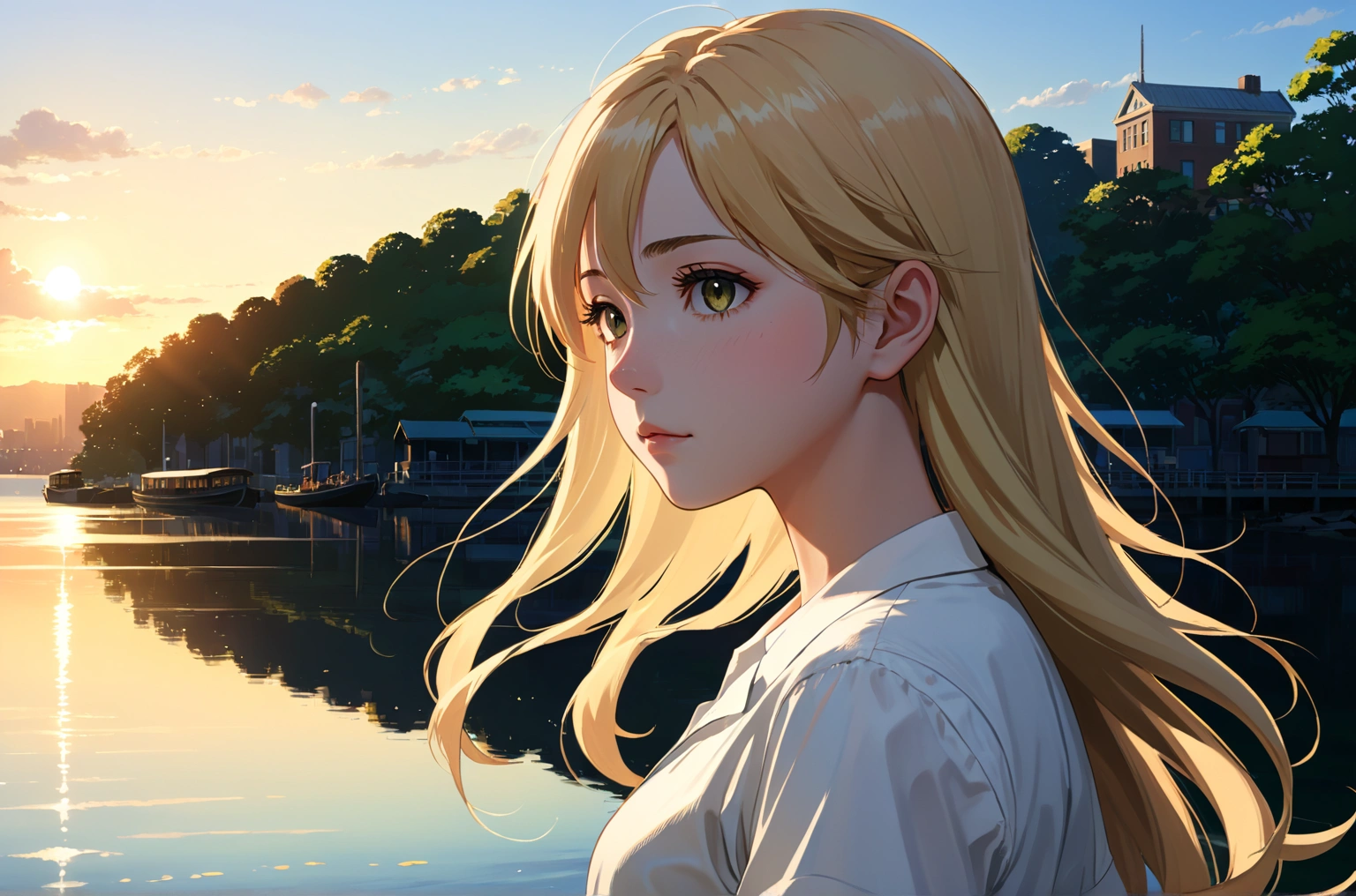 Uses Makoto Shinkai&#39;s depiction perfectly,Portrait of Halie Loren,8k 4k masterpiece photo ,Manhattan,profile,profileが美しい,Semi-long hair,Golden Hair,White shirt,Look in a different direction,Nestled on the lakeside,Quiet morning
