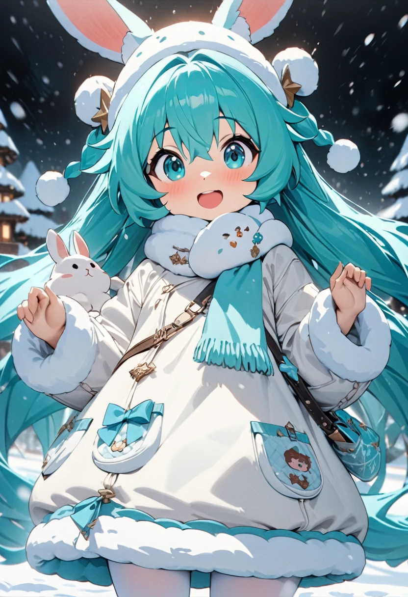 A drawing of Super Chibi Style Hatsune Miku in a fantastical snowy world.Miku is super cute in her super chibi style.Miku is wearing a cute, soft white hat with fluffy white fur Wear a cute outerwear with fur that blends in with the white snowy scenery.She is wearing a white turtleneck sweater and a scarf the same color as her hair.Wearing white tights and cute white boots,Miku plays with a cute white rabbit in the snowy fields of a wide white plain.Miku chases after the rabbit with a smile on her face, and the rabbit also runs happily after seeing Miku.Cowboy Shot, high quality, (masterpiece, best quality, 4k, 8k:1.5).Ultra detail,Ultra-fine painting, physically based rendering, dramatic lighting, fantasy effects,Professionally shot, award-winning,Vivid colors,