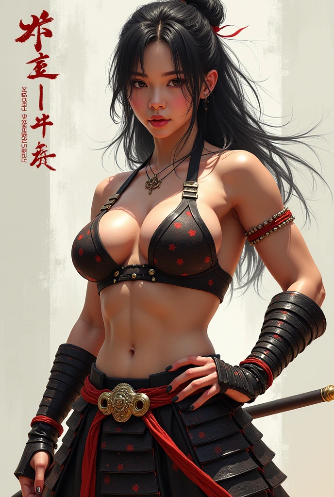 (best quality:1.33),  (masterpiece:1.42),  (realistic:1.24),  (detailed:1.15),  (high_res) a woman Retro futuristic, a skilled samurai woman sexy and fine adorned with intricate tattoos depicting a warrior princes "hyper detailed; in the style of Ray Shark